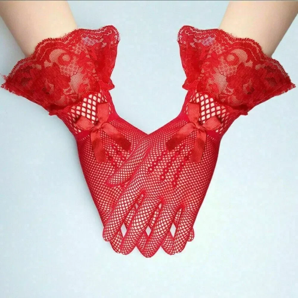 Red Lace Mesh Gloves Women Lace Gloves for Wedding Elegant Short Wrist Gloves Op